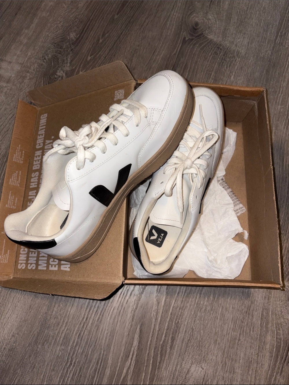Veja White Leather Sneakers with Black V and Tan Sole